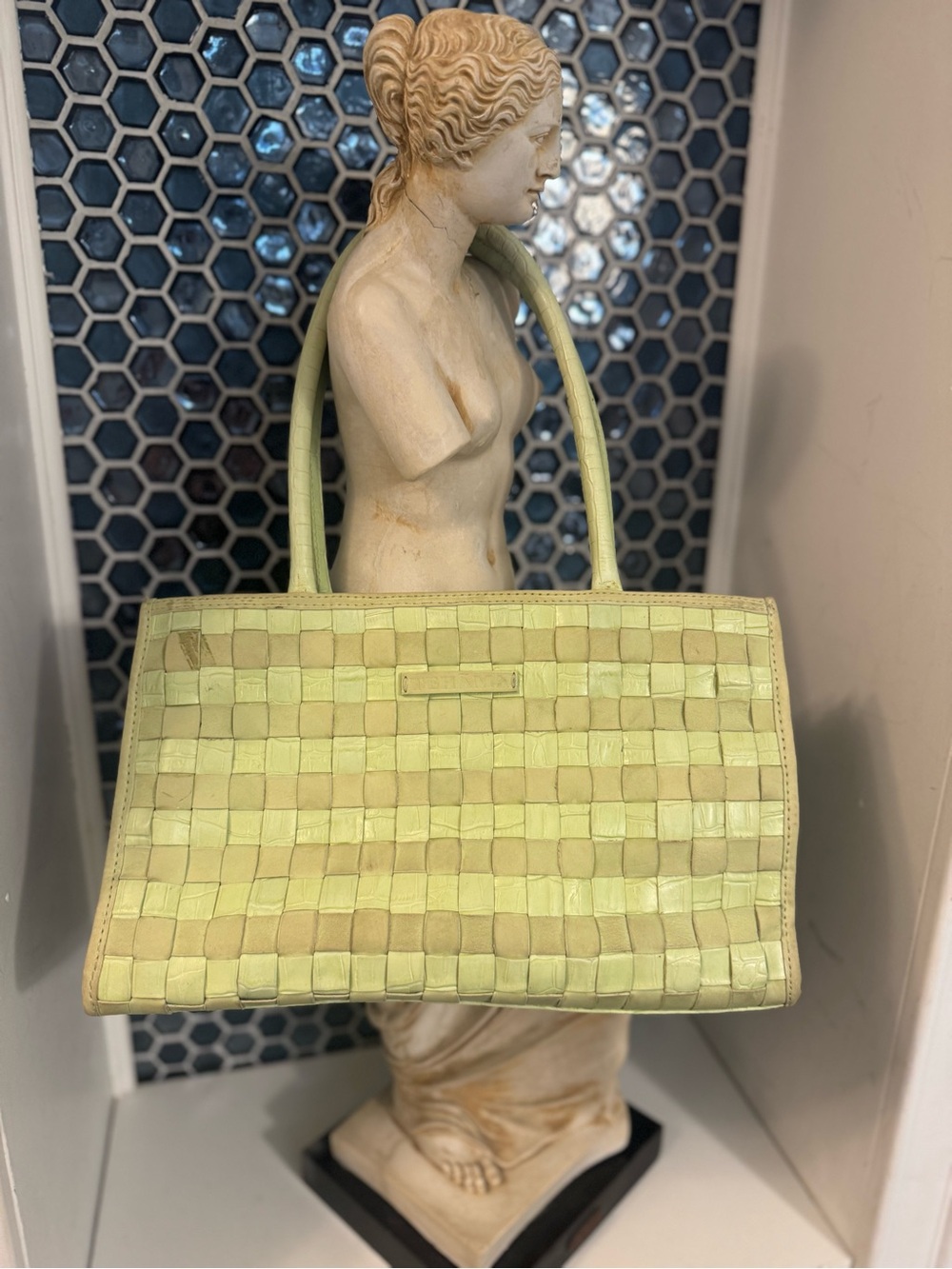 Tehmana Woven Leather Satchel Handbag Light Green.